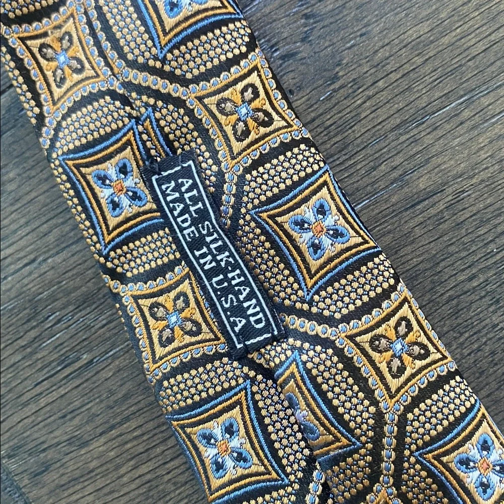JZ RICHARDS 100% Silk Geometric Print Golden Yellow and Blue Handmade